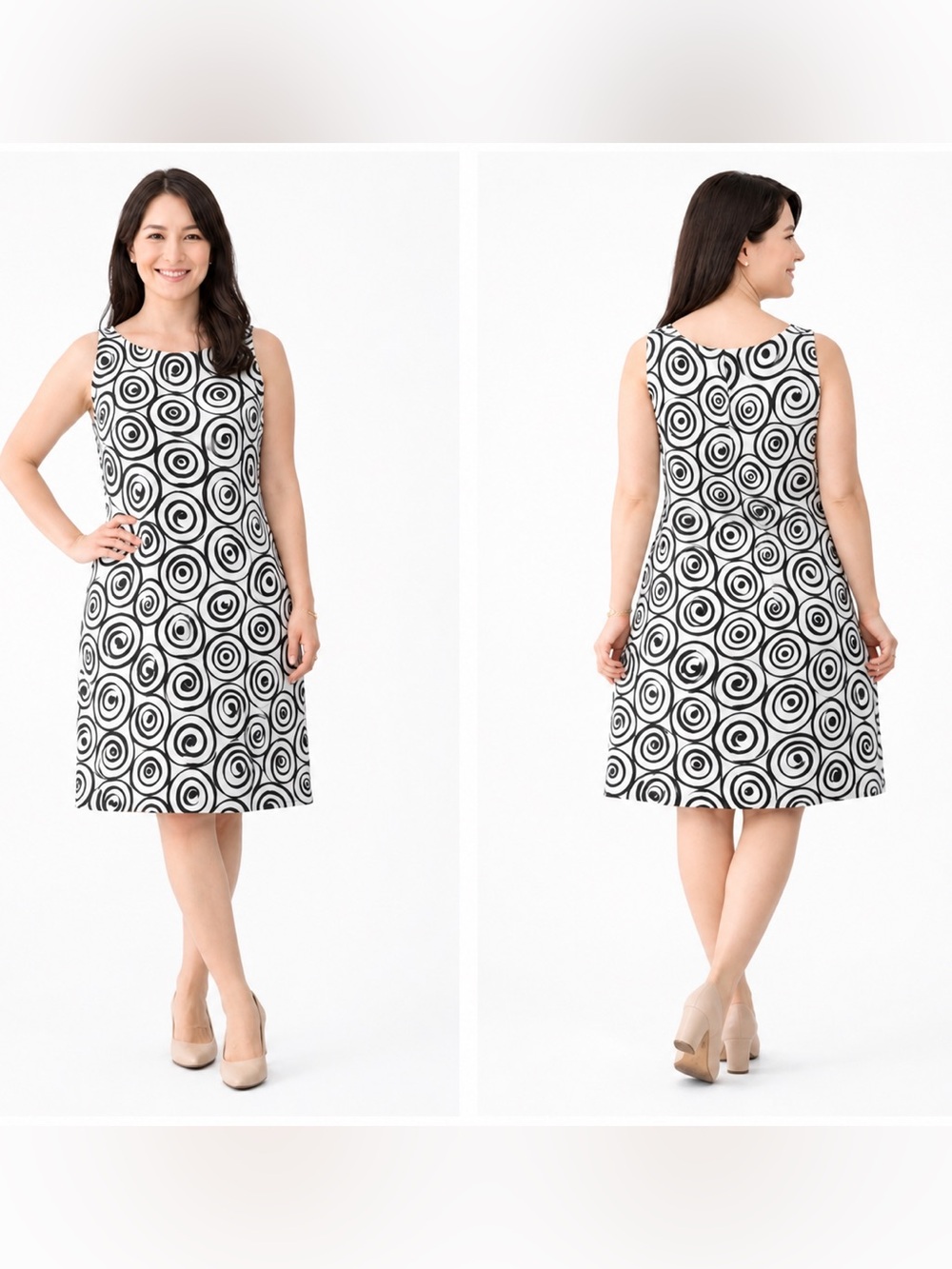 AGB Dress SZ 12 Black White Circle Print Sleeveless Shift Knee Length Career